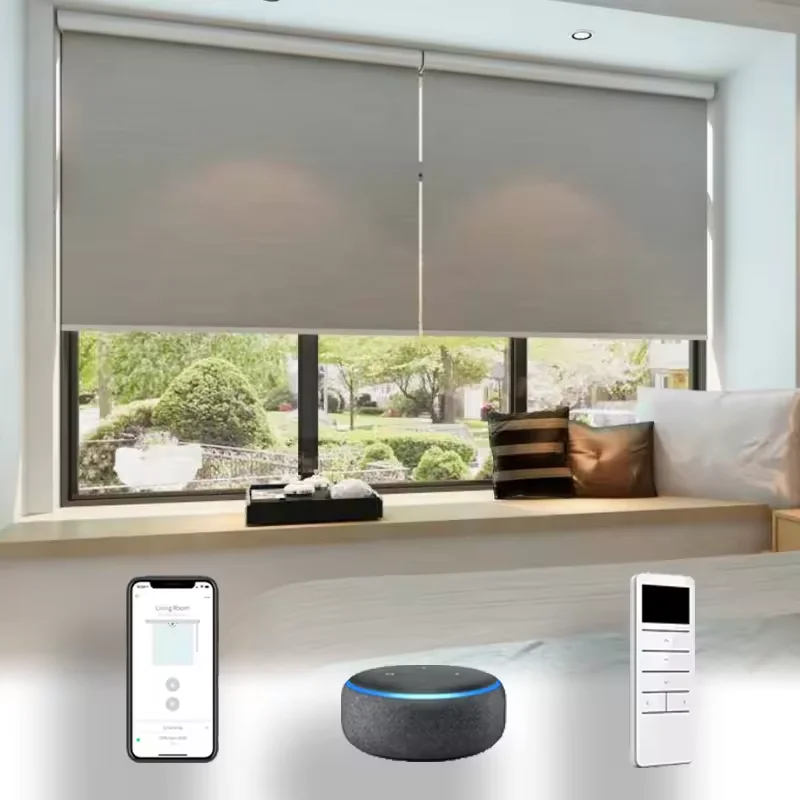 Smart WiFi Motorized Roller Blinds - Compatible with Tuya & Alexa. Full Blackout Fabric for Bedroom & Living Room. Remote & Voic