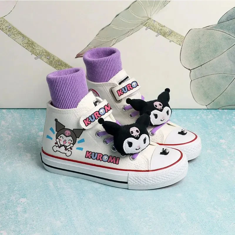 Kawaii Kids Canvas Shoes Kuromi Melody Pochacco High Top Anime Sanrios Cartoon Cute Girl Sport Shoes White Comfortable Sneakers