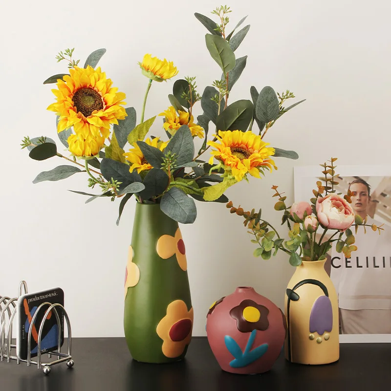 Desktop Ceramic Vase for Living Room, Flower Arrangement, Creative Home Decoration, Morandi Painted Flower Device