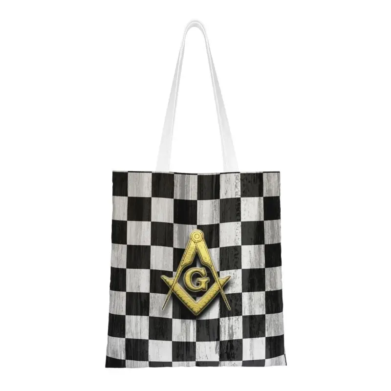 Fashion Print Square Compass And Checkers Tote Shopping Bags Reusable Canvas Shoulder Shopper Masonic Freemason Handbag