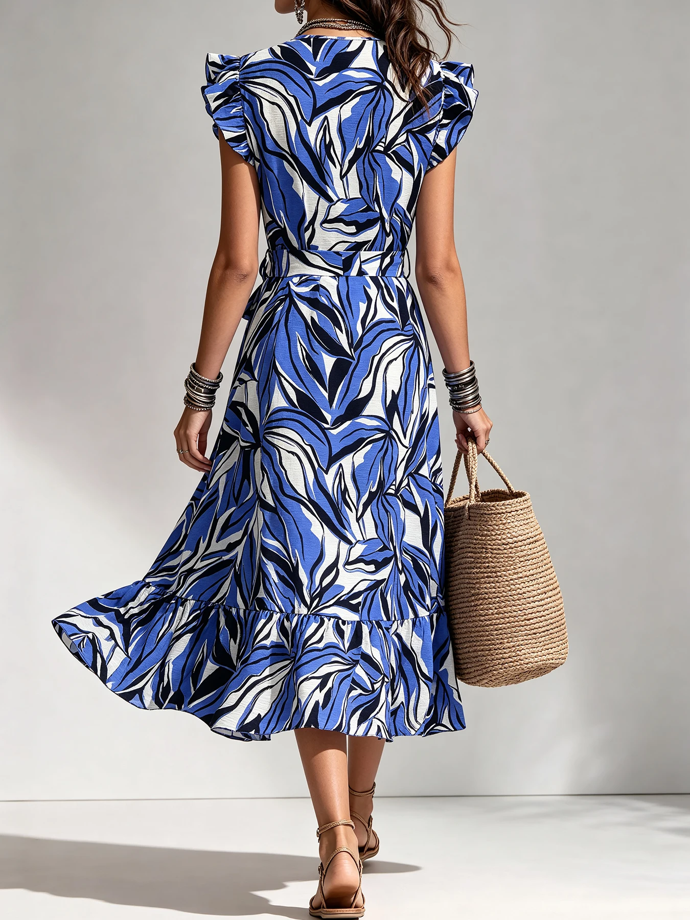 Blue White Tropical Leaf Print V Neck Flutter Cap Sleeve Belted Waist Casual Midi Dress For Women