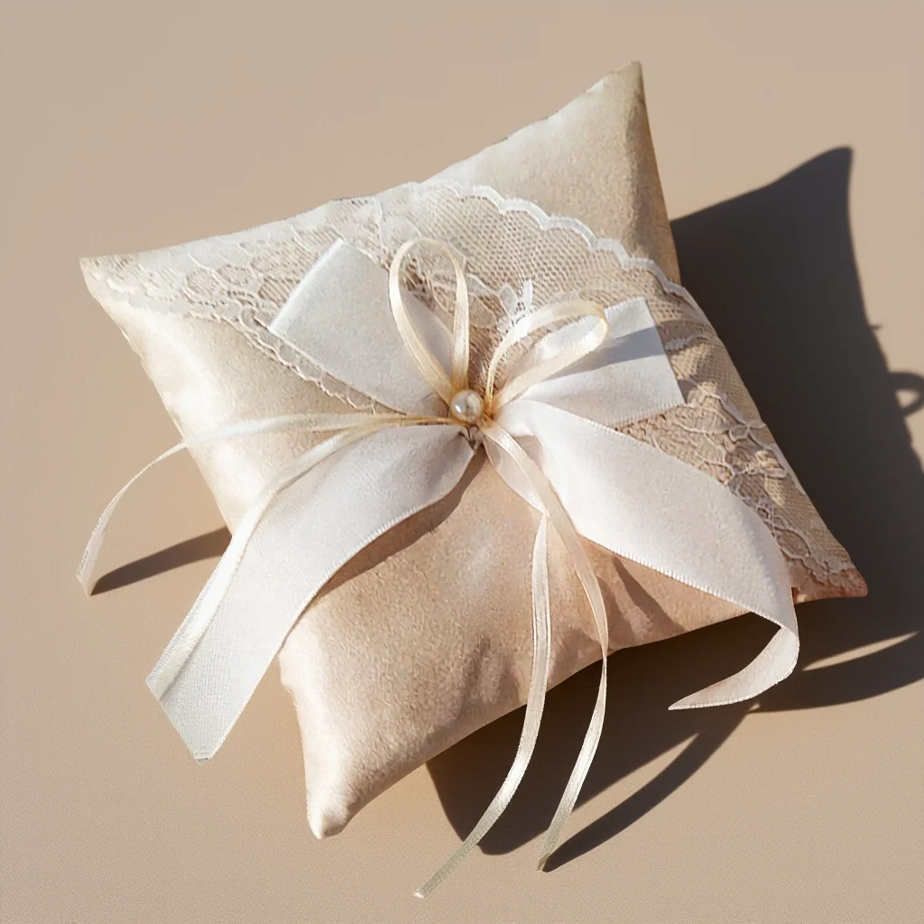 

Beautiful Wedding Ring Pillow Cushion Pearls Ribbon Decorated Ideal for Wedding Engagement Proposal Valentine Dating Night