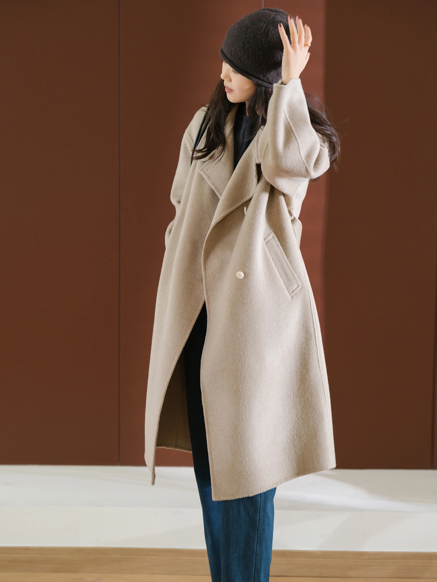 

Женское пальто из смесовой овечьей шерсти и кашемира, осенне-зимнее, свободного кроя, длиной ниже колена, теплое шерстяное пальто для повседневной носки, с длинными рукавами