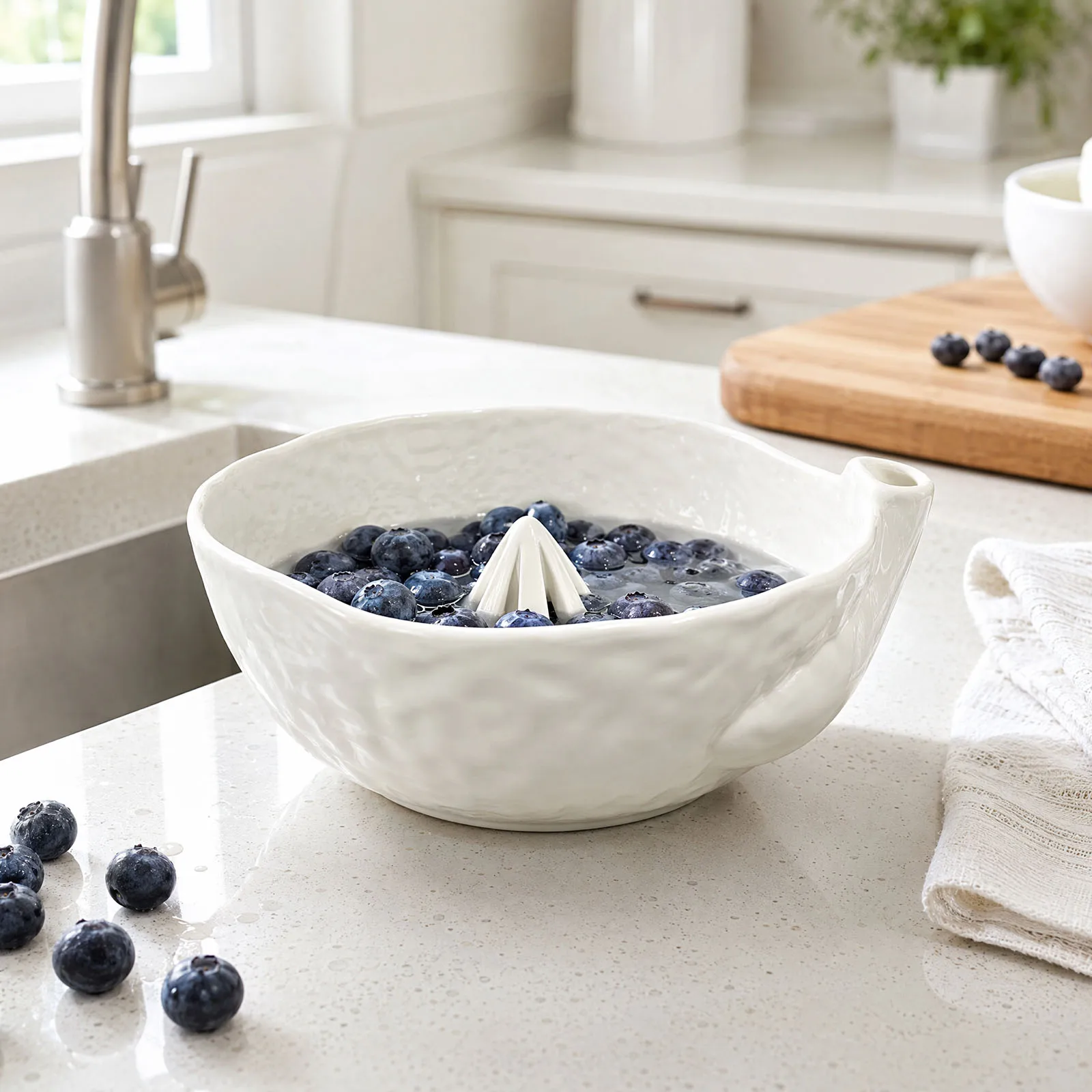 Ceramic Berry Basket with Drain Holes Self-Spinning Fruit Rinse Stoneware Reusable Strawberries Washing Cleaner Gift for Friends