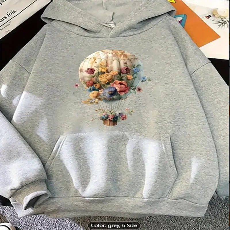 

Womens Hoodie Floral Hot Air Balloon Graphic Print Casual Oversized Drawstring Hooded Sweatshirt for Travel Lovers Pure Cotton