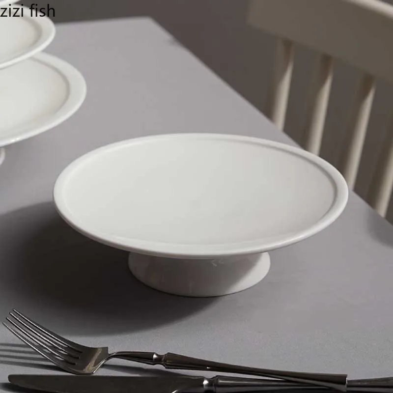 Pure White Porcelain High Footed Plate Round Cake Plate Dessert Pastry Plate Serving Plates Restaurant Specialty Tableware