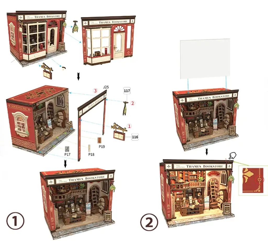 Thames Bookstore 3D DIY Miniature Kit - Creative Assembly Puzzle, Handmade Wooden Bookstore Decor Desktop Ornament Birthday Gift
