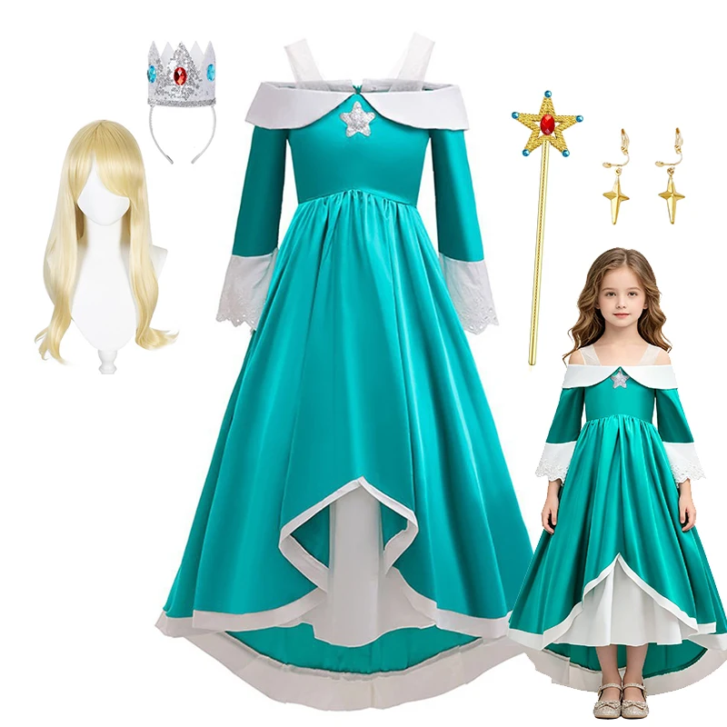 

Kids Rosalina Princess Dress Role Play Costume Crown Wand Gloves Necklace Blue Off - Shoulder Gown for Birthday Party Cosplay