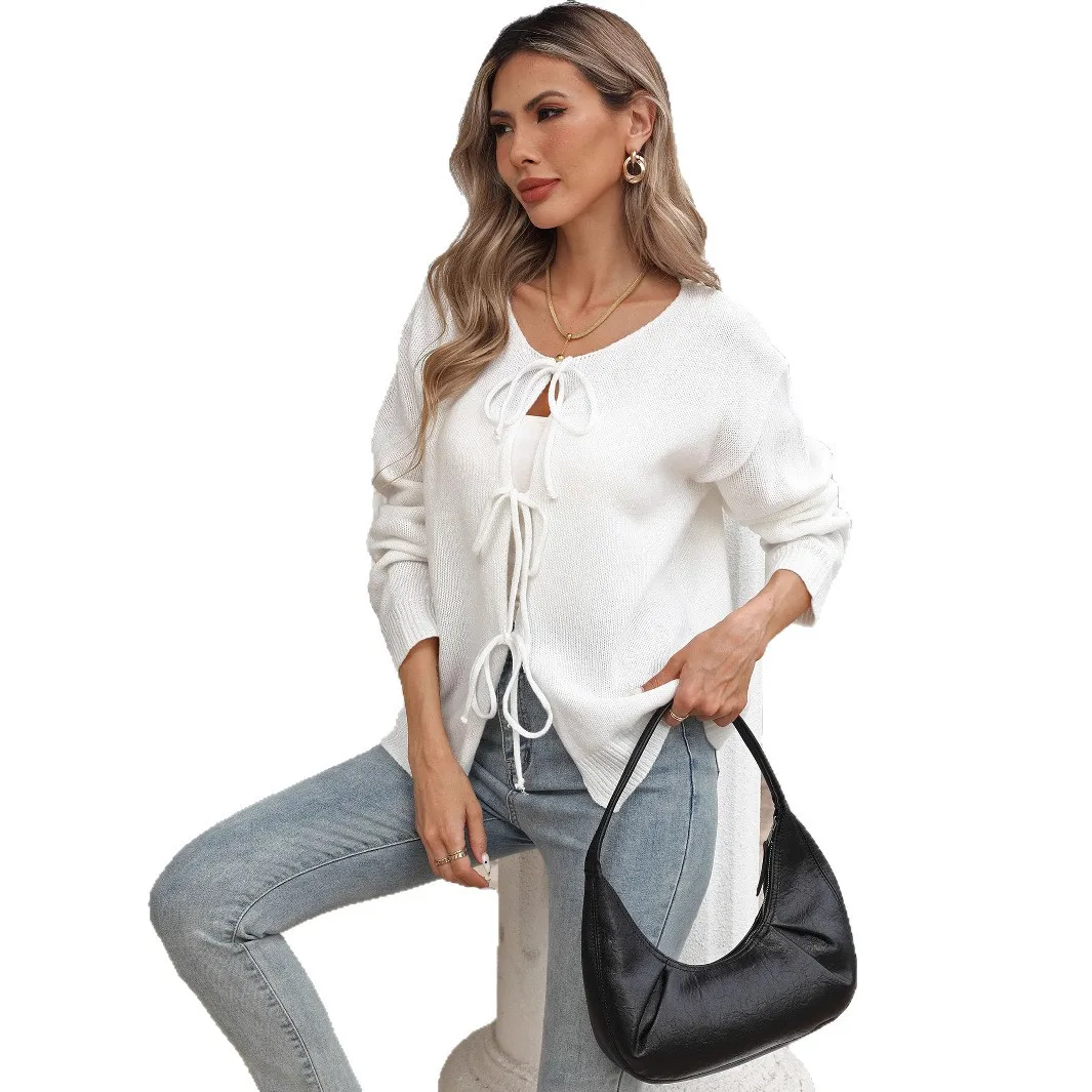 Damen-Strickpullover, Mantel, lässig, rund, mit Knoten, Krawatte, Oberbekleidung, offene Strickjacke, weiches Lammsamtmaterial, chinesischer Pr...