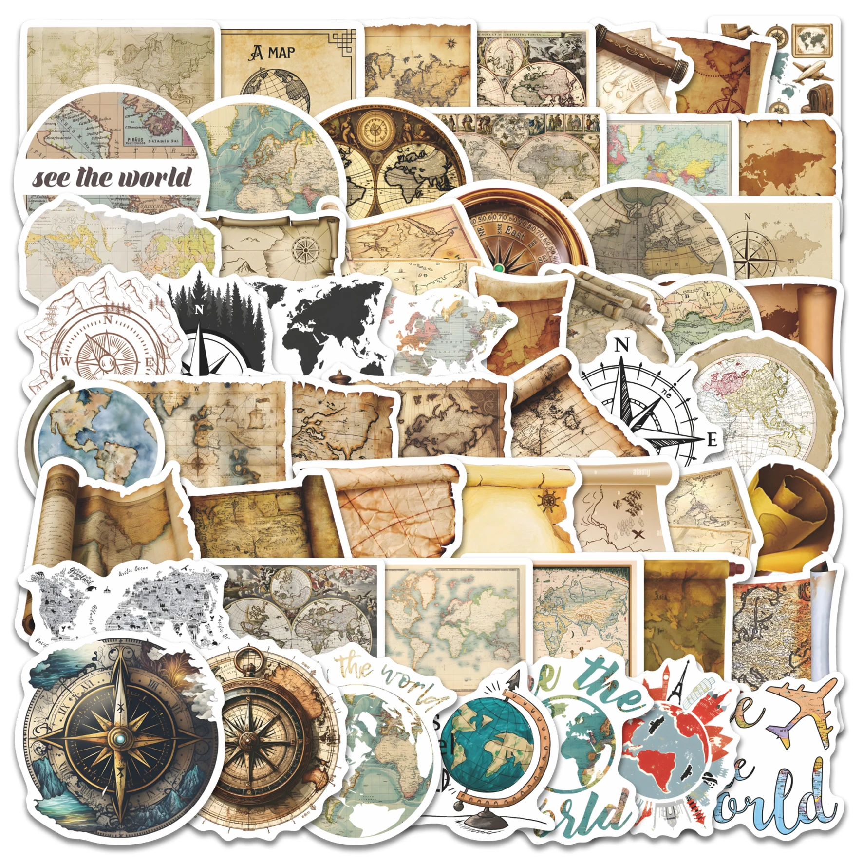 56pcs Retro World Map Stickers | Vintage Explorer Compass Decals for Laptop, Journal & Water Bottle, Nostalgic Aesthetic Fans