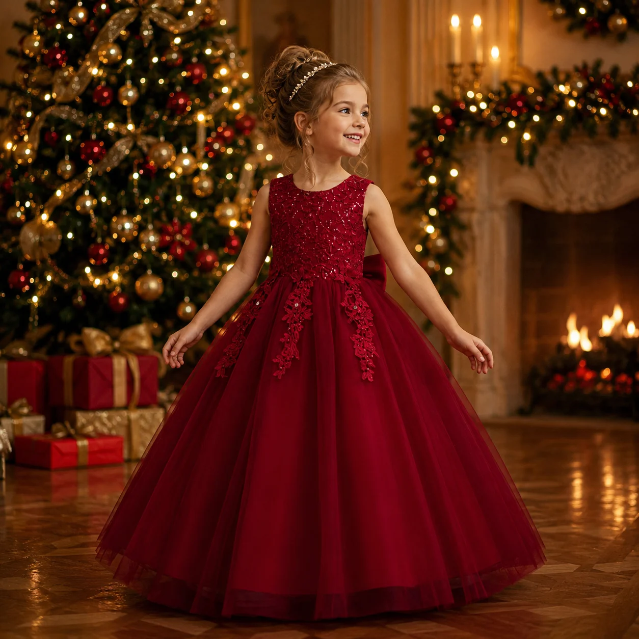 New Flower Girl Dress Dressed Up for Birthday Party Evening Dress Suitable for 4-12 Years Old Tulle Lace Dress for Kids Girl