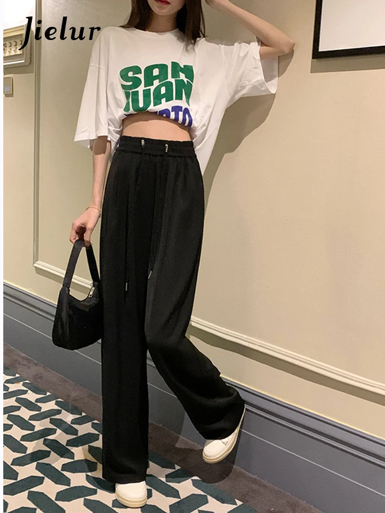 

Jielur Elastic High Waist Drawstring Summer Pants Women Solid Color Drape Casual Trousers Black White Wide Leg Pants Female