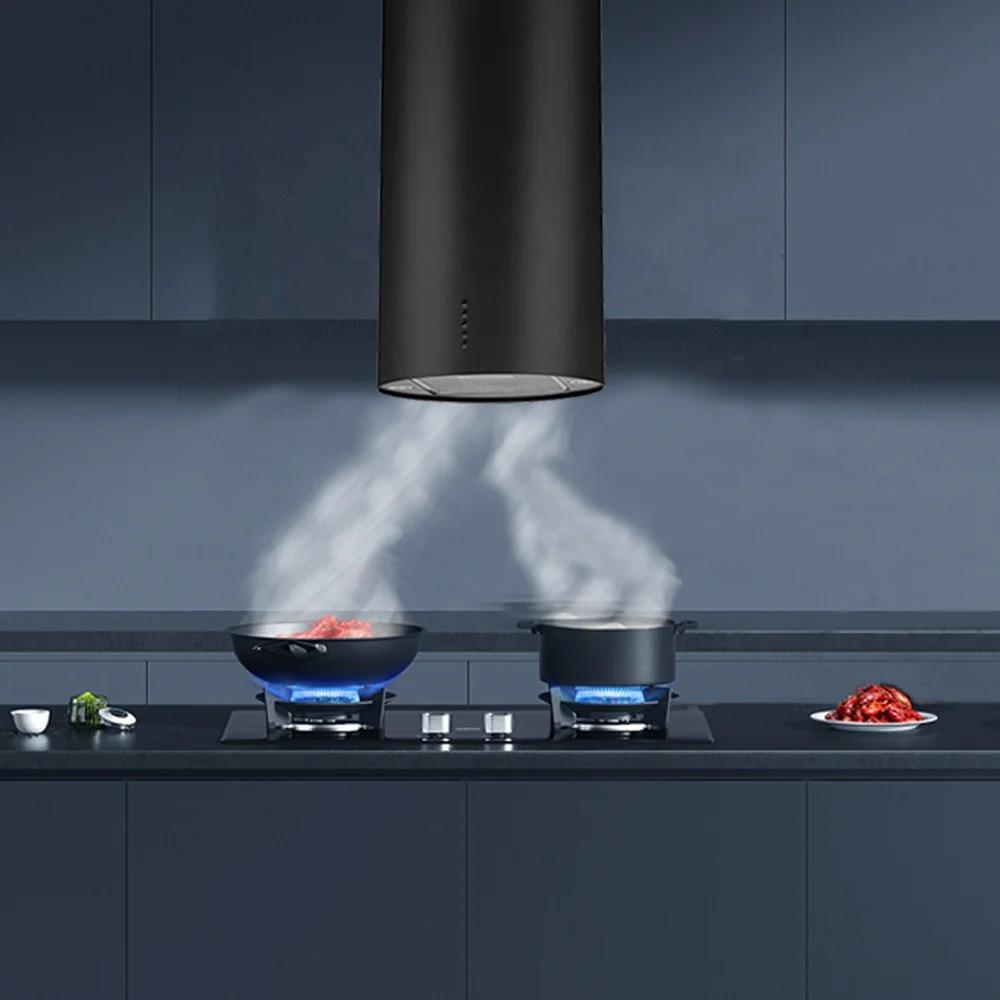 

Big Suction Black Round Ceiling Island Smart Range Hood Round Ceiling Hood Column Cooking Kitchen Hood With Aluminum Filters