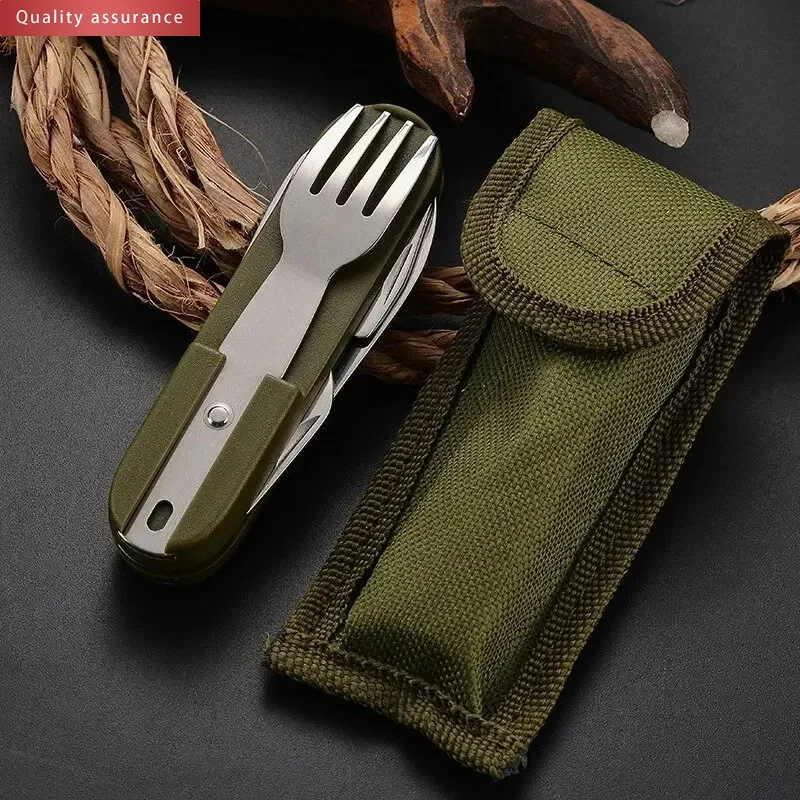 Cool Camping Equipment Multifunctional Outdoor Tableware Stainless Steel Folding Fork Spoon Knife Set Picnic Camping Tableware