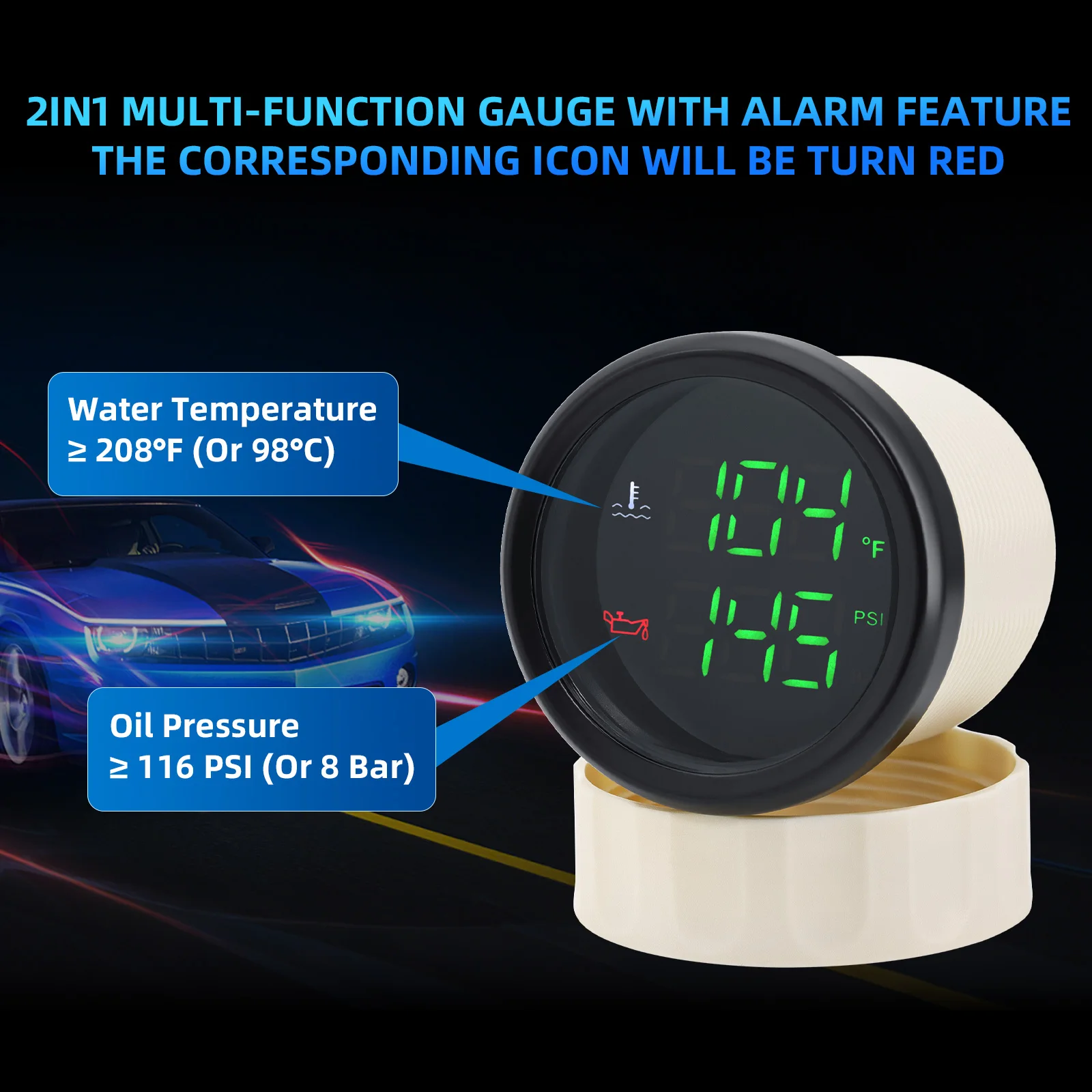 2 بوصة 52 ملم 2 في 1 رقمي 40-120 ℃   درجة حرارة الماء + مقياس ضغط الزيت 0-10 بار مع إنذار مع مستشعر 1/8 NPT لقارب السيارة 12 فولت 24 فولت مارين