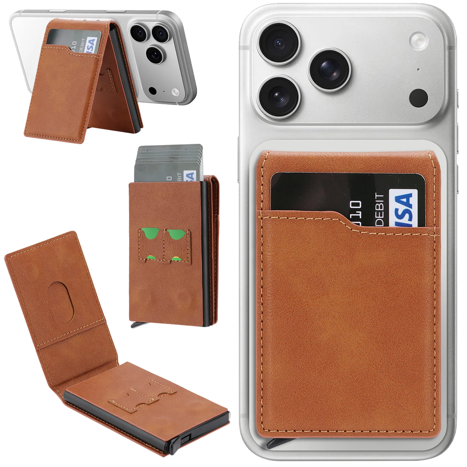 Luxury Business Magnetic Metal Leather Card Holder for iPhone 17 Pro Max 16 15 14 13 12 One Click Swipe Card Shockproof Stand