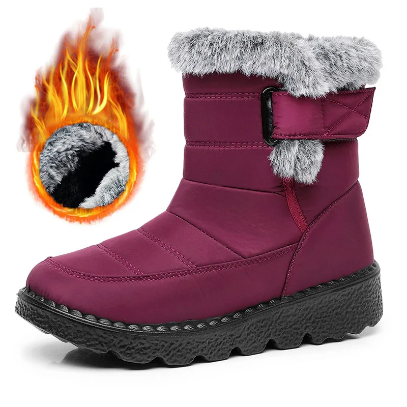 Women Waterproof Snow Boots Thick Fleece Lined Magic Tape Non Slip Sole Winter Warm Mid Calf Outdoor Boots