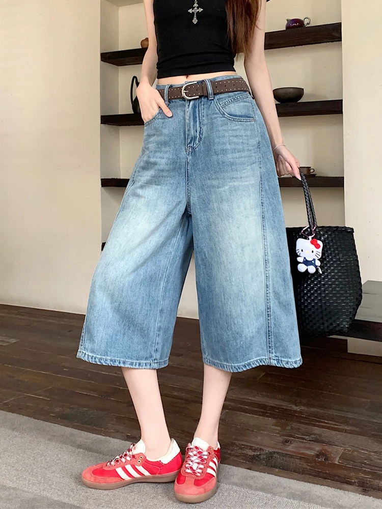 

Retro American Fashion High Waist Slimming Jeans Washed Wide Leg Seven-Foot Women's Clothing Casual Style Summer New Arrival