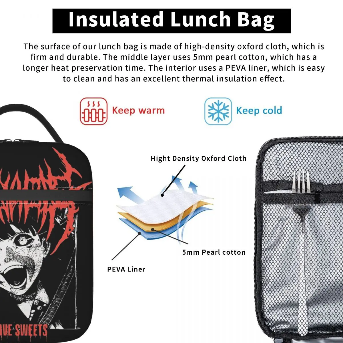 Hanabie Love Sweets Insulated Lunch Bag for Women Children Portable Food Boxes Thermal Lunch Box Tote