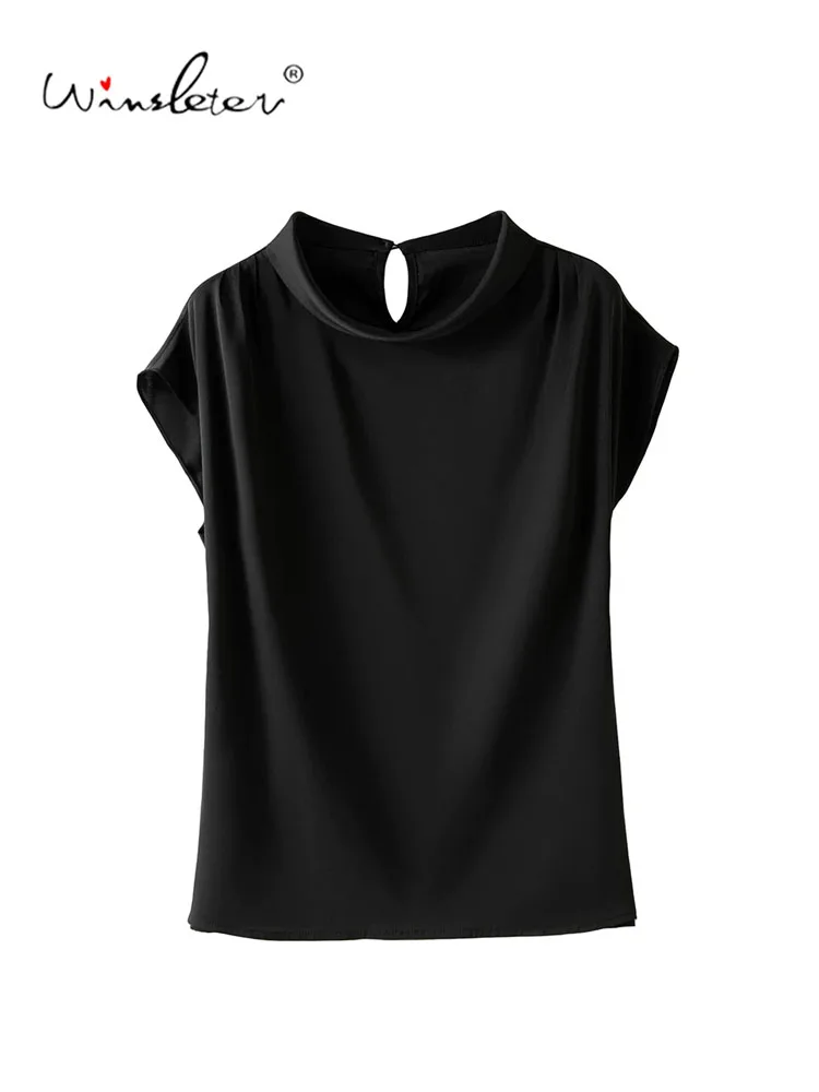Winsleter-93%Silk 7%Spandex Elegant T-Shirt, Swinging Collar Solid, Women Occupation Commute Loose Top, 2026 Autumn New T68433CC