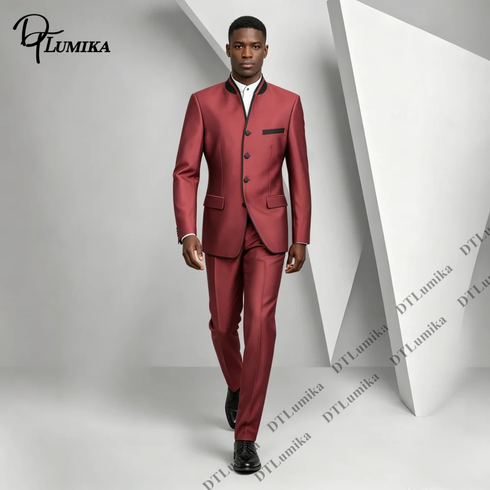 Two Piece Formal Suit Set with Stylish Stand Collar Delicate Black Contrast Piping Wedding Suit for Groom Minimalist Fomal Suits