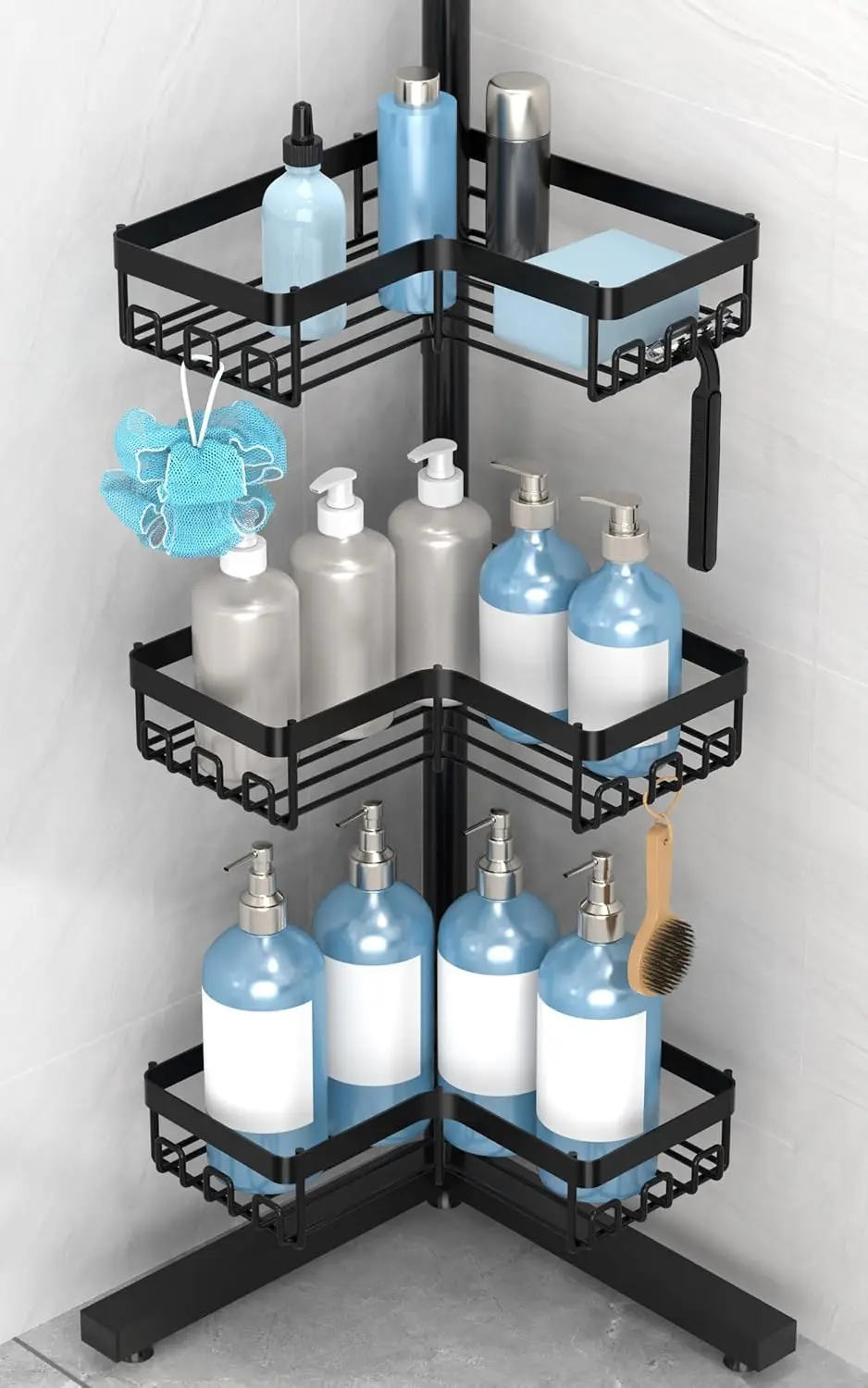 

Угловой напольный органайзер для душа, 3-уровневая регулируемая полка, нержавеющий, с 18 крючками и регулируемыми ножками