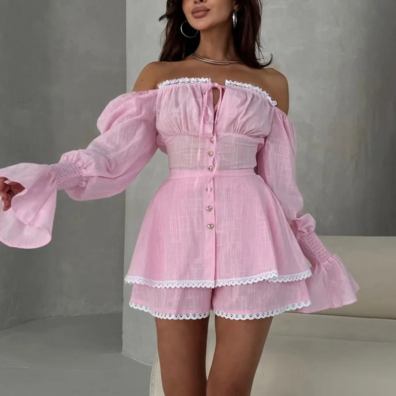 

Ticketsx Women Sexy Short Sets Off Shoulder Lace Up Button Contrast Patchwork Slim Women Sets Elegant Party Clubwear Short Sets