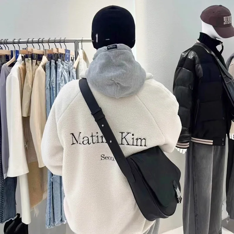 Lamb Fur Embroidered Letter Jaet Dili Reba Commute Sle Loose Fit Zipper ket Long Sve Stand Collar Thiened Women's...