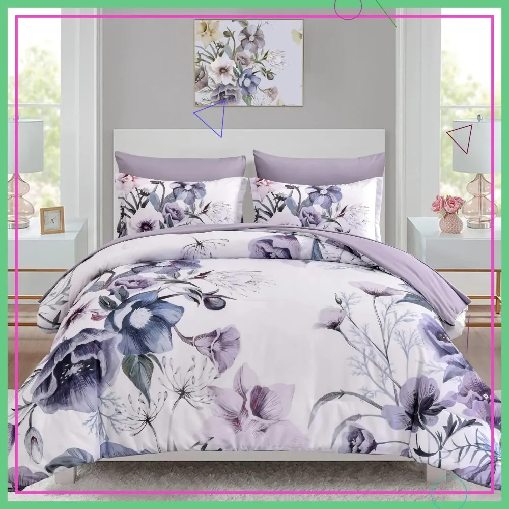 

Комплект постельного белья Queen Size из 7 предметов с цветочным узором, фиолетовый цветочный принт, мягкая микрофибра, всесезонное постельное белье (90"x90)