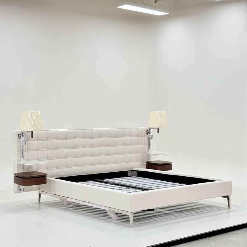 Minimal cotton and linen fabric bed large flat-floor villa wide-screen double bed
