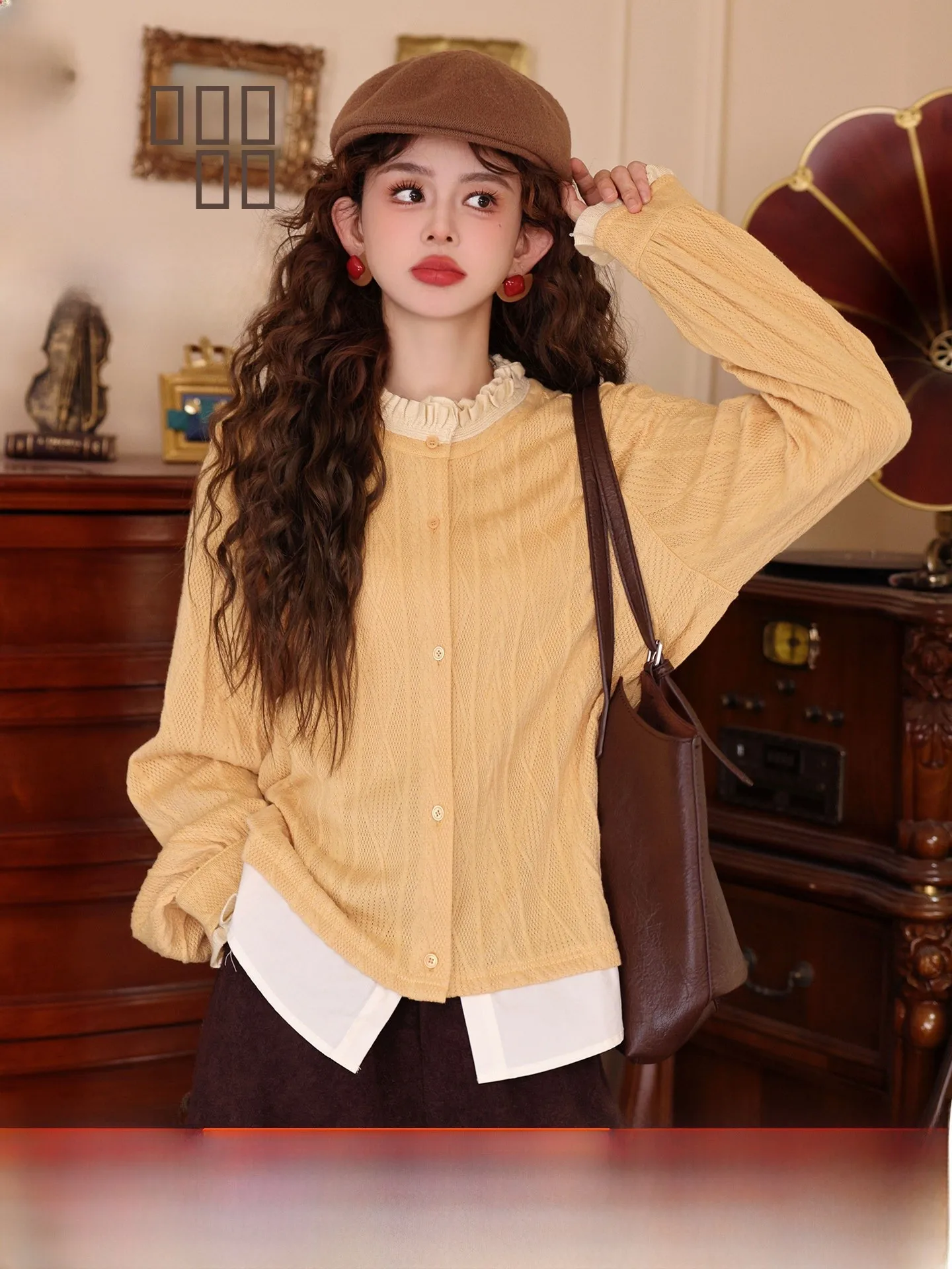 

Long Sve Women's irt Chen Jiajie Fake Two-Piece Design Versatile Base Layer Top Comfortable Breathable Polyester