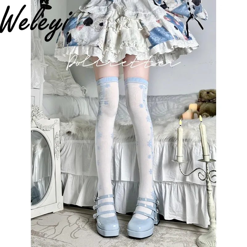 

Blue Snowflake Lolita Cotton Long Stockings American Fashion Womans Autumn and Winter Cute Versatile Jirai Kei Knee High Socks