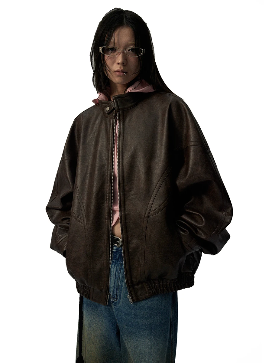 Autumn Cool Handsome Distressed Brown Oversized Pu Leather Jacket Women Zippper Stand Collar American Retro Clothing