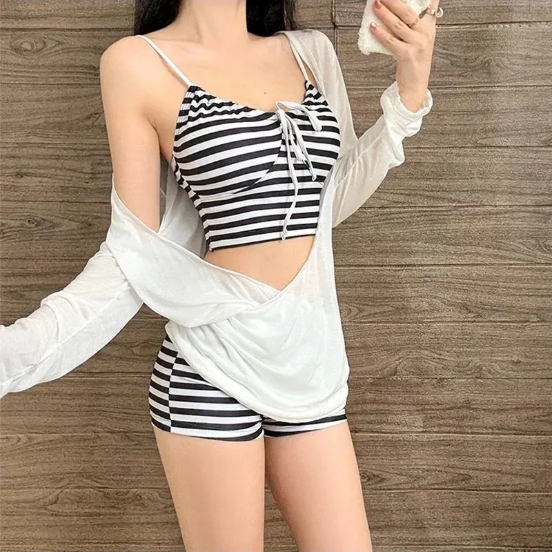 Women's Striped 3 Piece Bikini Set With Cover Up Shirt Cute Push Up Swimwear