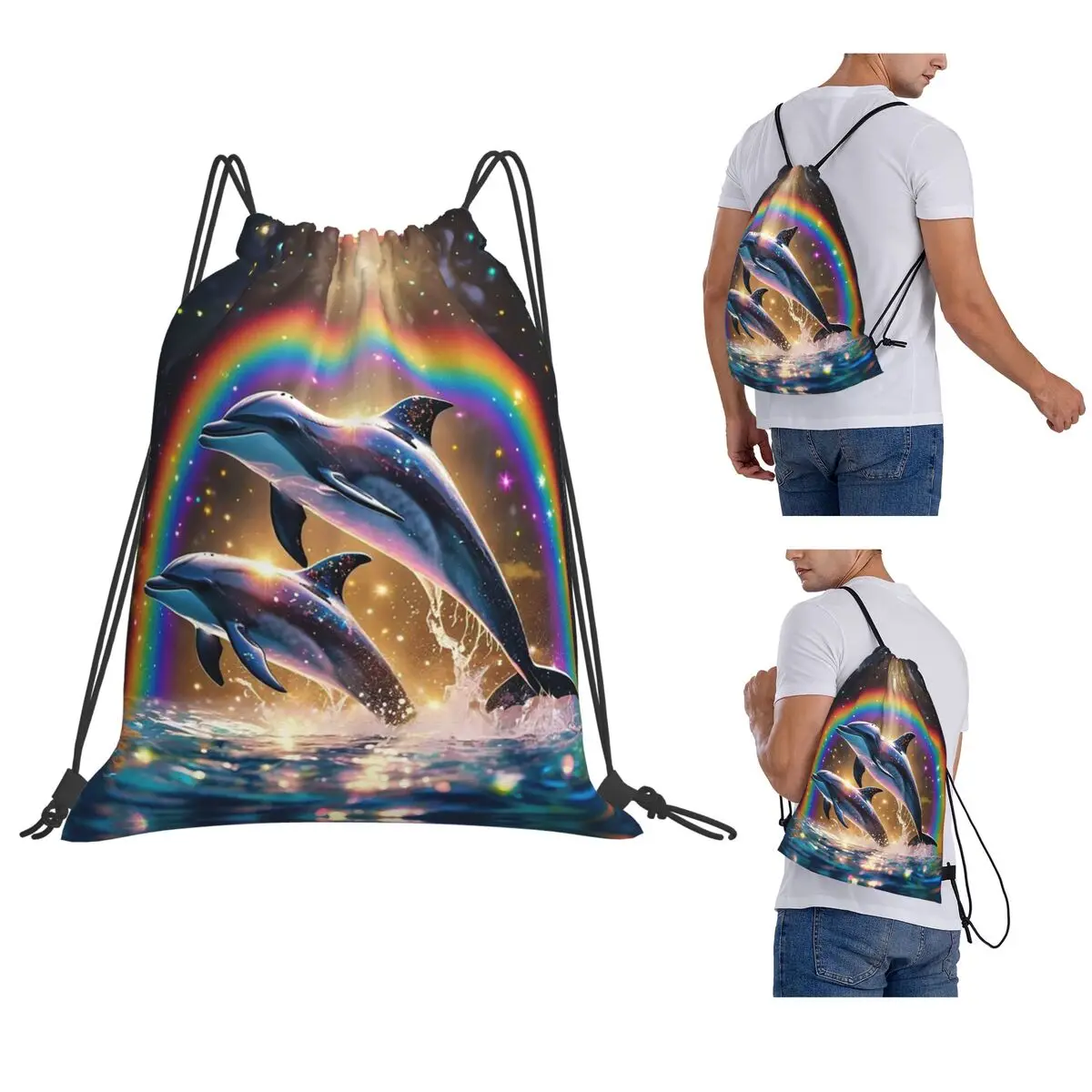 Sunset Dolphins Dancers Sea Creature Dolphin Backpacks Portable Drawstring Bags Sports Bag Book Bags for Man Woman Students