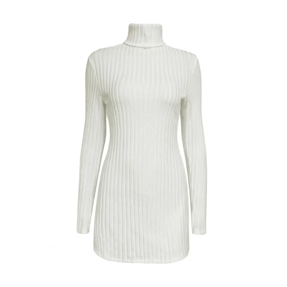 Women Knitting Tops High Collar Long Sleeve Slim Fit Sweater Tops Mid-length Side Split Design Solid Color Ribbed Tops Blouse