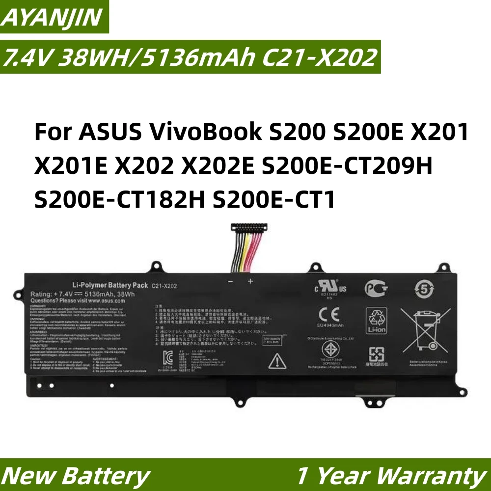 

C21-X202 7.4V 38WH/5136mAh Laptop Battery for ASUS VivoBook S200 S200E X201 X201E X202 X202E S200E-CT209H S200E-CT182H S200E-CT1