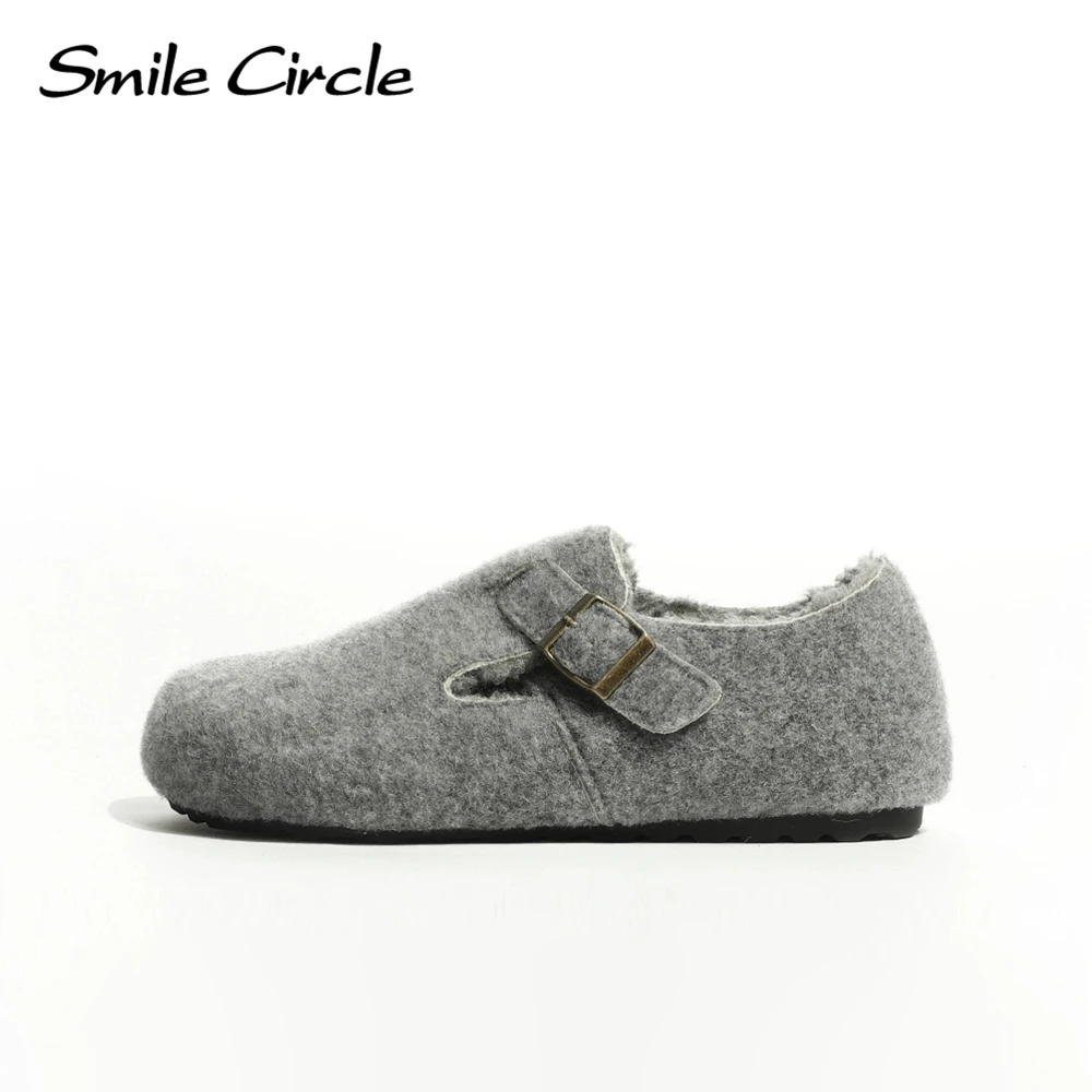 Smile Circle Zapatos planos informales con punta redonda y cálidos de felpa de color sólido para invierno para mujer