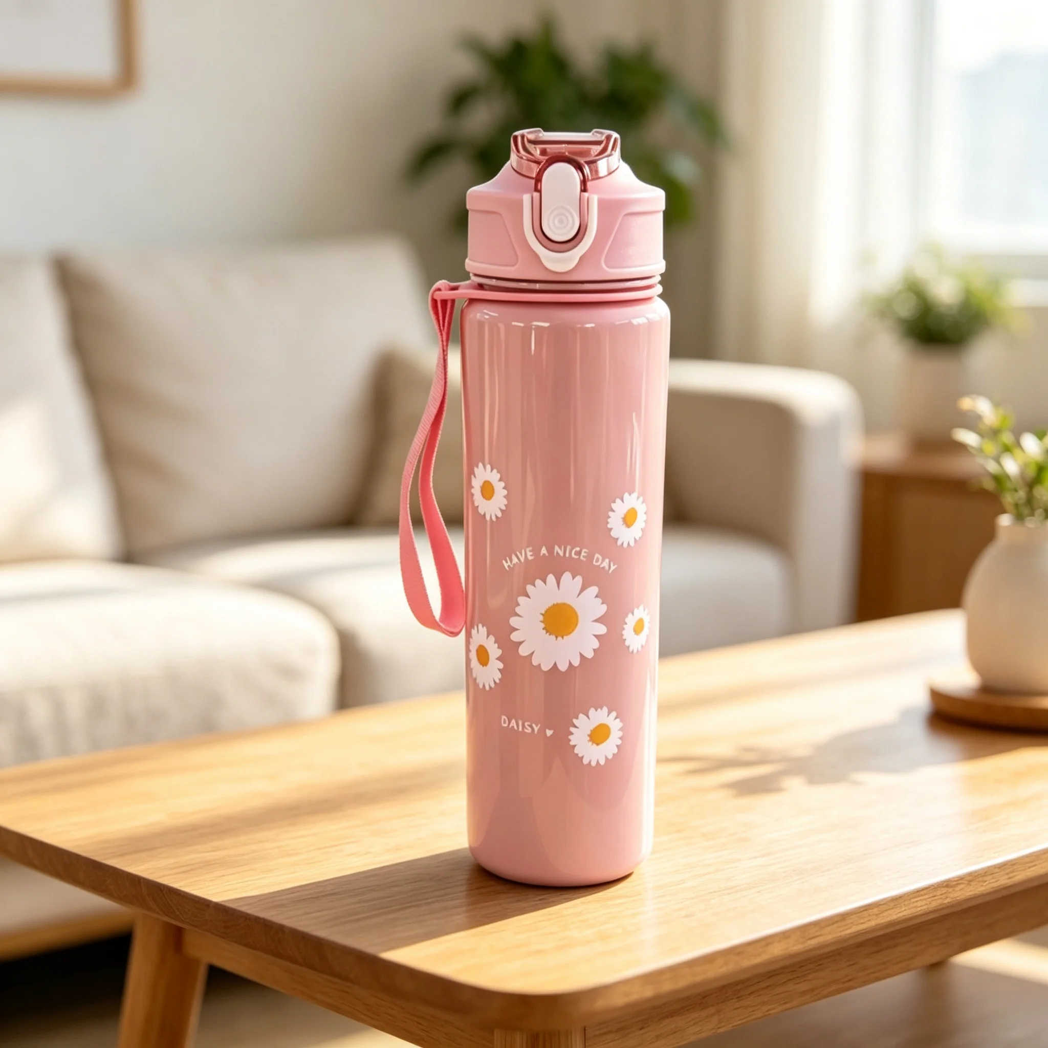 Fresh Daisy Printed Water Bottle, One‑Click Open Leakproof Water Cup with Portable Lanyard Sweet Daily Gift for Girls