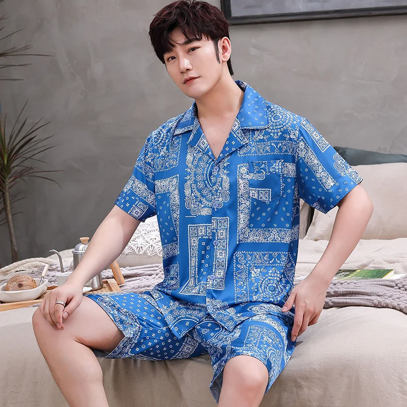 New Style Pajamas Men's Summer Snow Silk Short Sleeved Shorts Thin Youth Plus Size Home Clothes Can Be Worn Outside