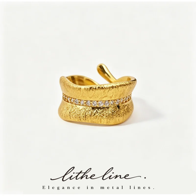 Litheline Vintage 18K Gold Plated Brass Brushed Rings Women, Dainty Sparkling Cubic Zirconia Retro Fashion Jewelry