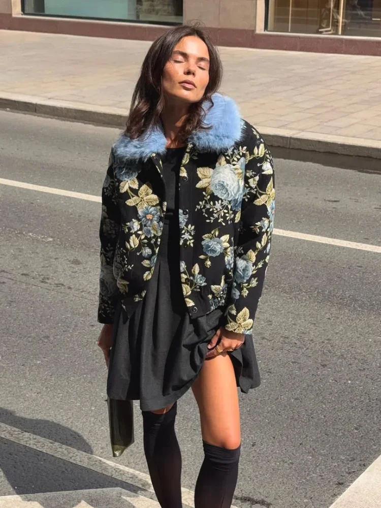 Black Floral Print Blue Fur Collar Short Jacket Chic Single Breasted Long Sleeved Coat Women Autumn Winter Street Daily Wear New
