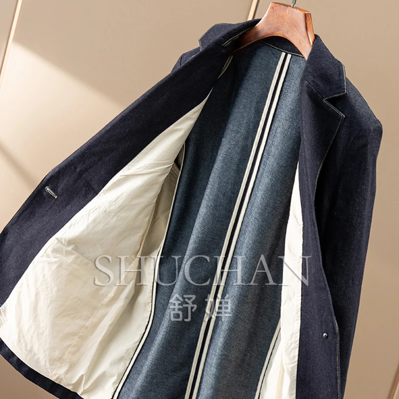 Early Autumn French Retro Blue Suit Collar Denim Jacket Women's 83C8 Abrigos Mujer Casaco Feminino