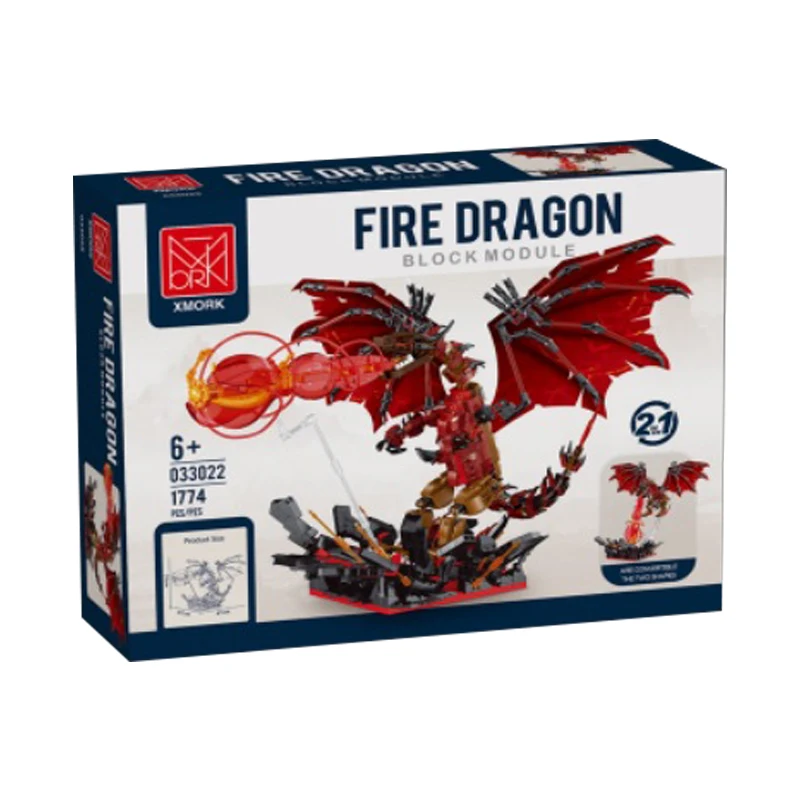 IN STOCK 033022 MOC 2 in 1 Creativity Flame Dragon Building Blocks Bricks Assembling Model Toys for Boys Christmas Gift Set