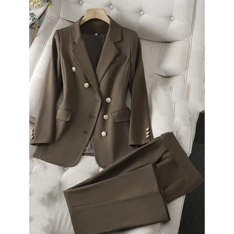 Female Pant Suit Ladies Black Coffee Apricot Solid Blazer Jacket And Trouser Women Business Work Wear Formal 2 Piece Set