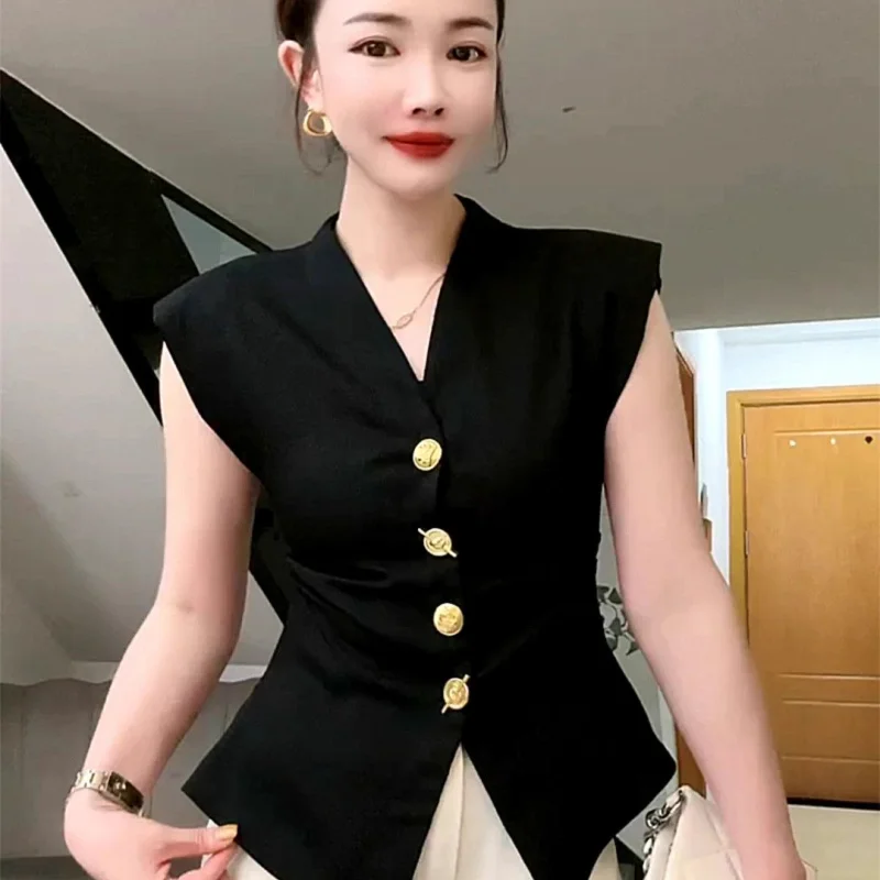

French Retro High-end Suit Vest for Women Summer Style V-neck Slim Waist Heavy-duty Button Sleeveless Top