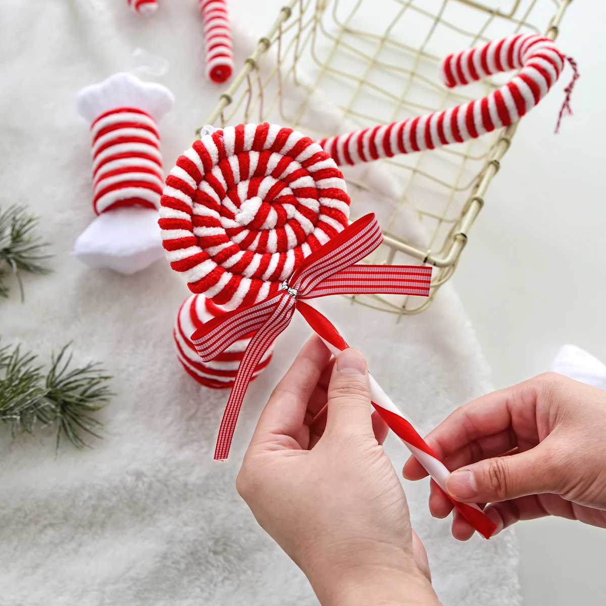 Christmas ornaments red and white velvet decorations Christmas balls canes candies Christmas trees decorative pendants INS ornam