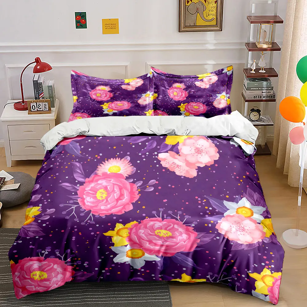 Multiple sizes Purple background peony Print Bedding Set 1Duvet Cover 2 Pillowcases for Adult and Children Luxury Gift Full Size