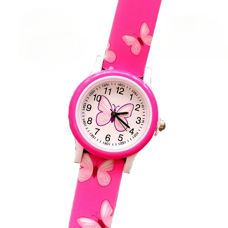 Relojes de moda para niñas, reloj de pulsera con estampado de mariposa y dibujos animados, correa de silicona, reloj de cuarzo para niños, relojes