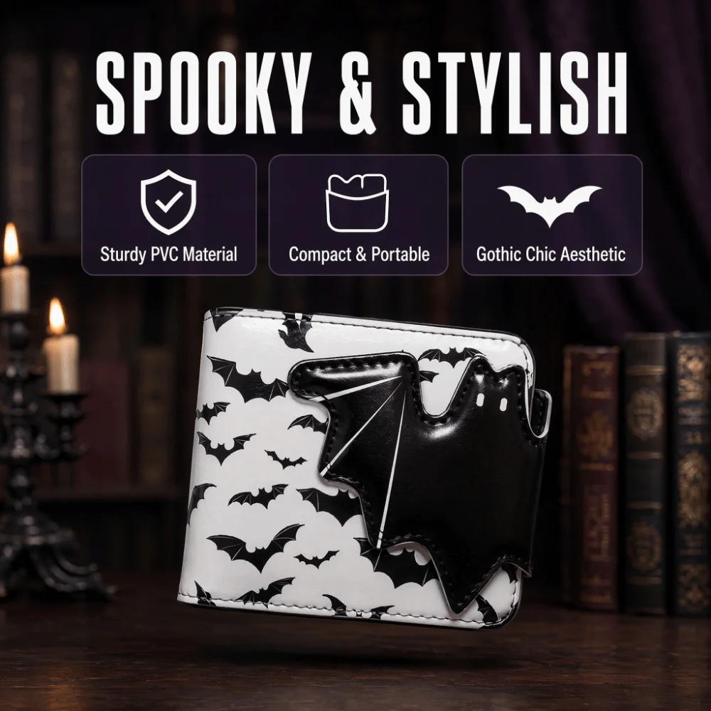 Multi-Functional Bat Ghost Print Wallet Large Capacity Buckle Design Foldable Coin Purse Portable Long Strap